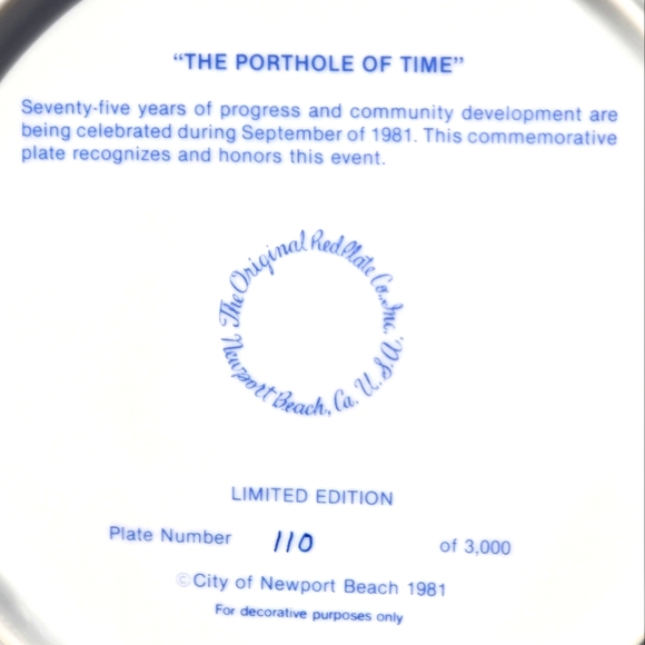 City of Newport Beach 75th Anniversary Collector's Plate  - The Porthole of Time - Picture 2 of 5
